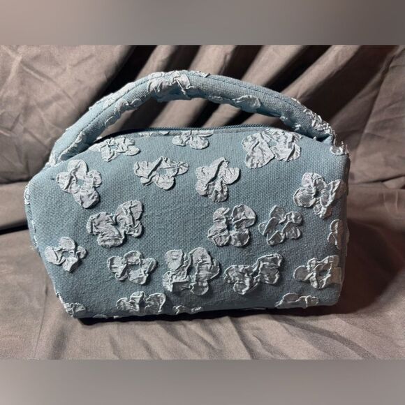 Floral Embellished Blue Fabric Ulta Beauty Cosmetics Bag See Pics for Measuremen - Picture 1 of 9